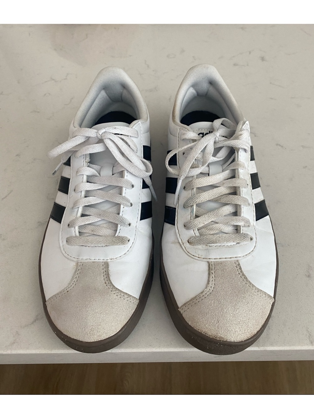 Adidas White Sneakers with Black Stripes and Brown Sole